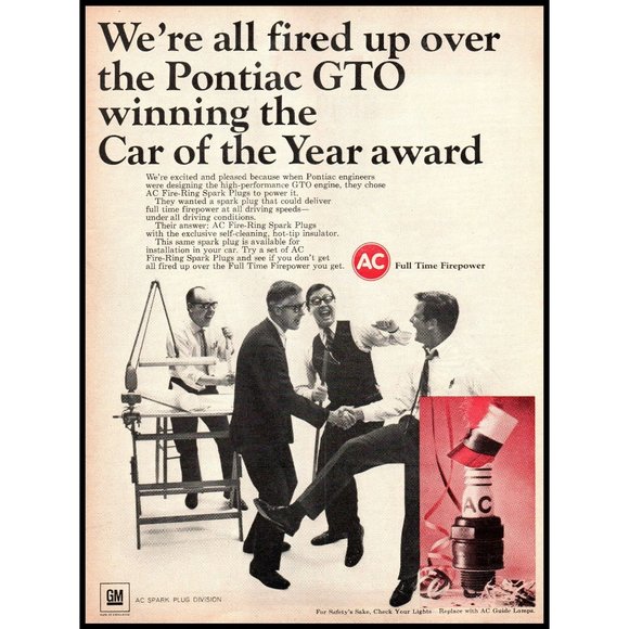 1968 AC Spark Plugs Fired Up Pontiac GTO Vintage Print Ad Engineer Wall Art - Picture 1 of 1